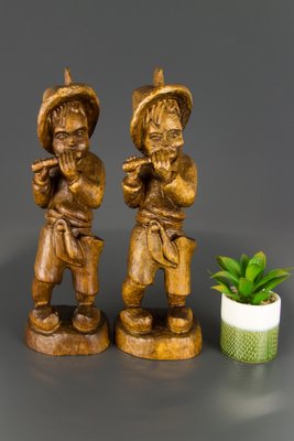 German Hand Carved Wood Figurative Sculptures of Two Boy Musicians, Set of 2-KEG-1086463