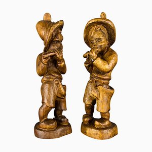 German Hand Carved Wood Figurative Sculptures of Two Boy Musicians, Set of 2-KEG-1086463