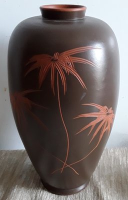 German Handmade Brown Ceramic Vase with Incised Floral Decoration in Red, 1960s-HOI-1285480