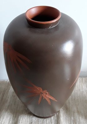 German Handmade Brown Ceramic Vase with Incised Floral Decoration in Red, 1960s-HOI-1285480