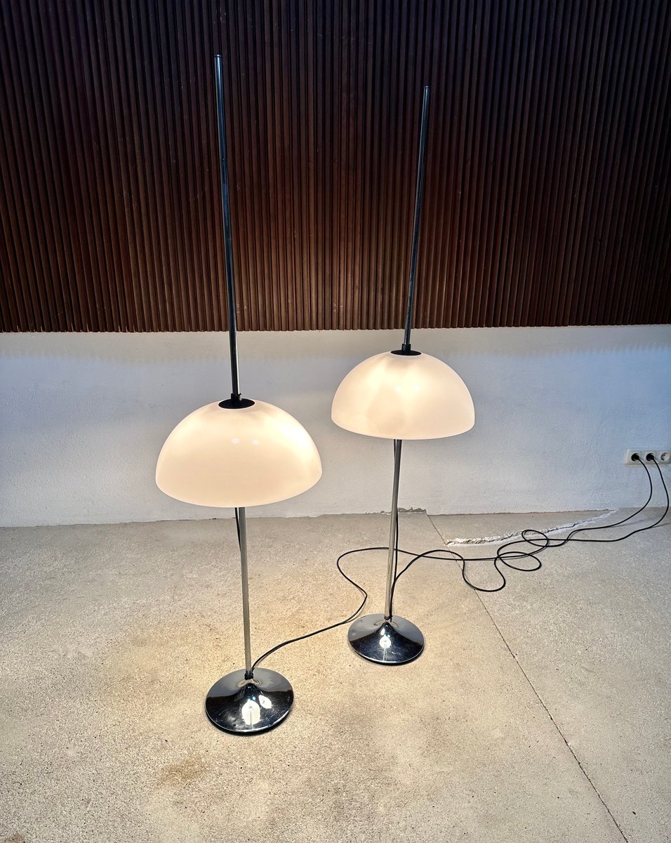 German Height Adjustable Mushroom Floor Lamps with Chromed Tulip Bases, 1960s, Set of 2