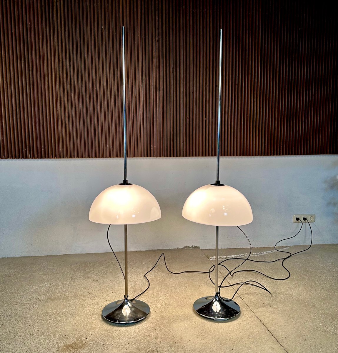 German Height Adjustable Mushroom Floor Lamps with Chromed Tulip Bases, 1960s, Set of 2