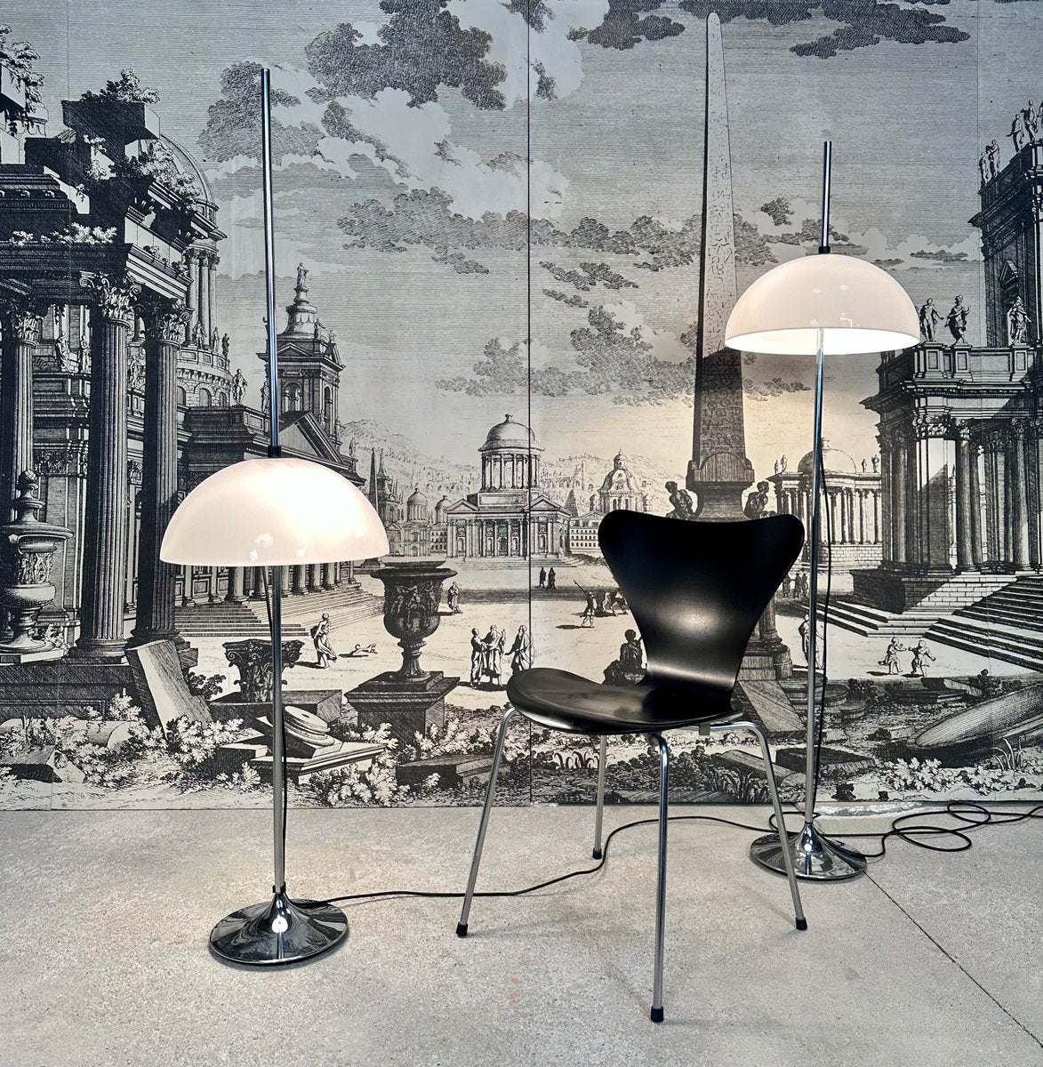 German Height Adjustable Mushroom Floor Lamps with Chromed Tulip Bases, 1960s, Set of 2