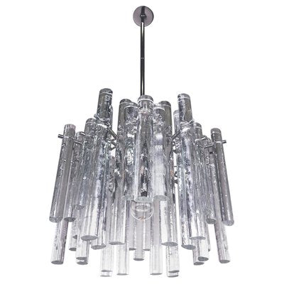 German Iced Glass Chandelier with Crystal Rods & Chrome from Kinkeldey, 1960s-DEK-932730