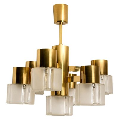 German Matt and Clear Glass Shades and Brass Chandelier by Hillebrand, 1960s-VDW-619412