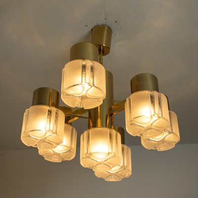 German Matt and Clear Glass Shades and Brass Chandelier by Hillebrand, 1960s-VDW-619412