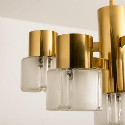 German Matt and Clear Glass Shades and Brass Chandelier by Hillebrand, 1960s-VDW-619412