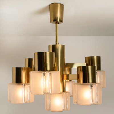 German Matt and Clear Glass Shades and Brass Chandelier by Hillebrand, 1960s-VDW-619412