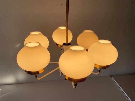 German Modern 6 Opal Glass and White Body Chandelier by Kaiser Leuchten, 1960s-RDS-1196890