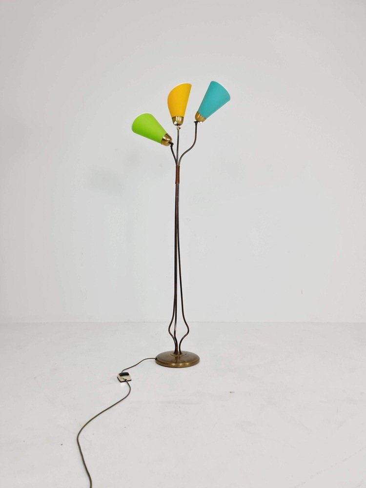 German Modern Three Flex Arms Brass Floor Lamp, 1950s