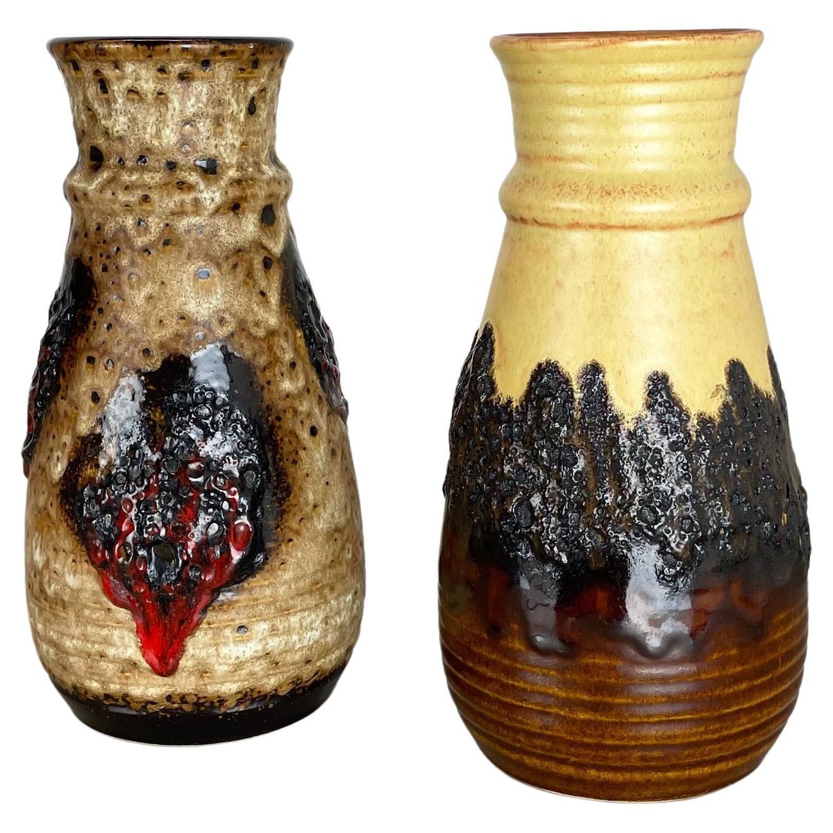 German Multi-Color Fat Lava Op Art Pottery Vase by Bay Ceramics, Set of 2-QZ-1091374