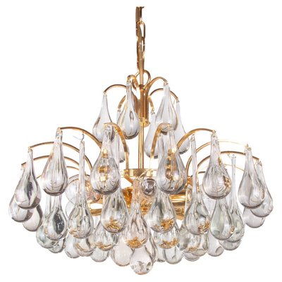 German Murano Glass Tear Drop & Gilt-Brass Chandelier from Palwa, 1960-DEK-1101321