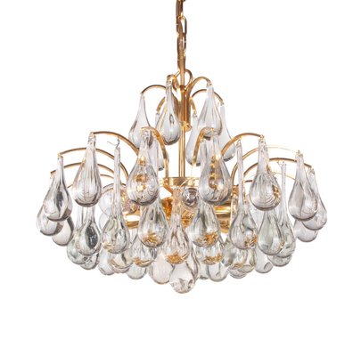 German Murano Glass Tear Drop & Gilt-Brass Chandelier from Palwa, 1960-DEK-1101321