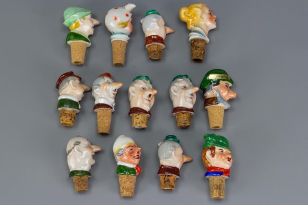 German Porcelain and Cork Bottle Stoppers, 1930s, Set of 13-KEG-1134806