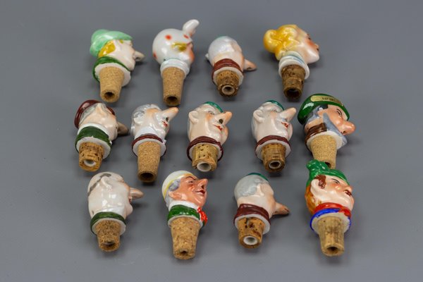 German Porcelain and Cork Bottle Stoppers, 1930s, Set of 13-KEG-1134806