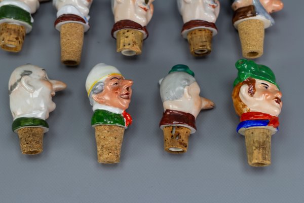 German Porcelain and Cork Bottle Stoppers, 1930s, Set of 13-KEG-1134806