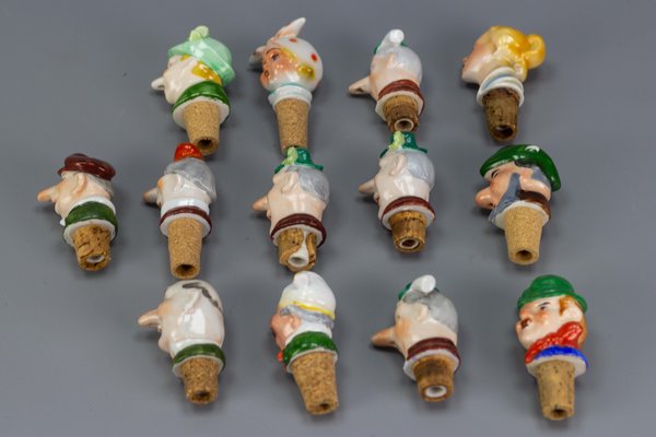 German Porcelain and Cork Bottle Stoppers, 1930s, Set of 13-KEG-1134806