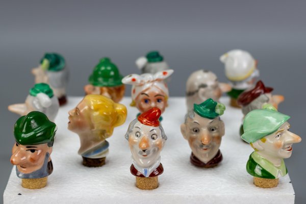 German Porcelain and Cork Bottle Stoppers, 1930s, Set of 13-KEG-1134806