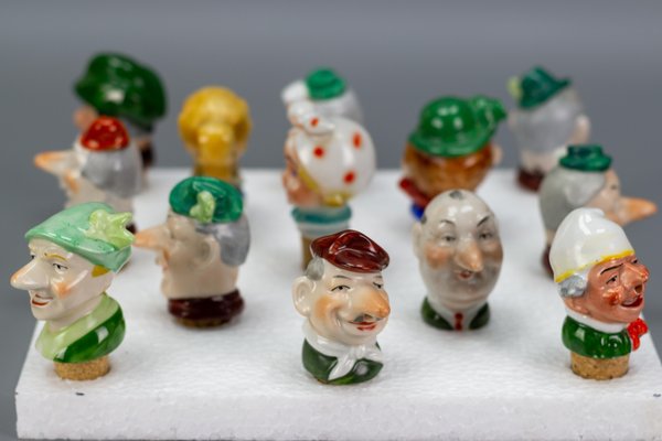 German Porcelain and Cork Bottle Stoppers, 1930s, Set of 13-KEG-1134806