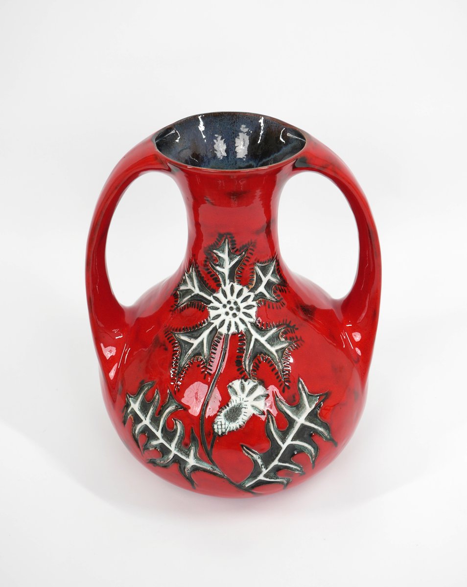 German Red Ground Vase in Ceramic with Floral Decor, 1960s