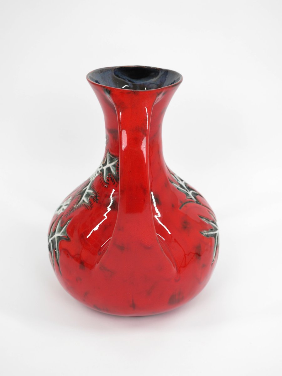 German Red Ground Vase in Ceramic with Floral Decor, 1960s