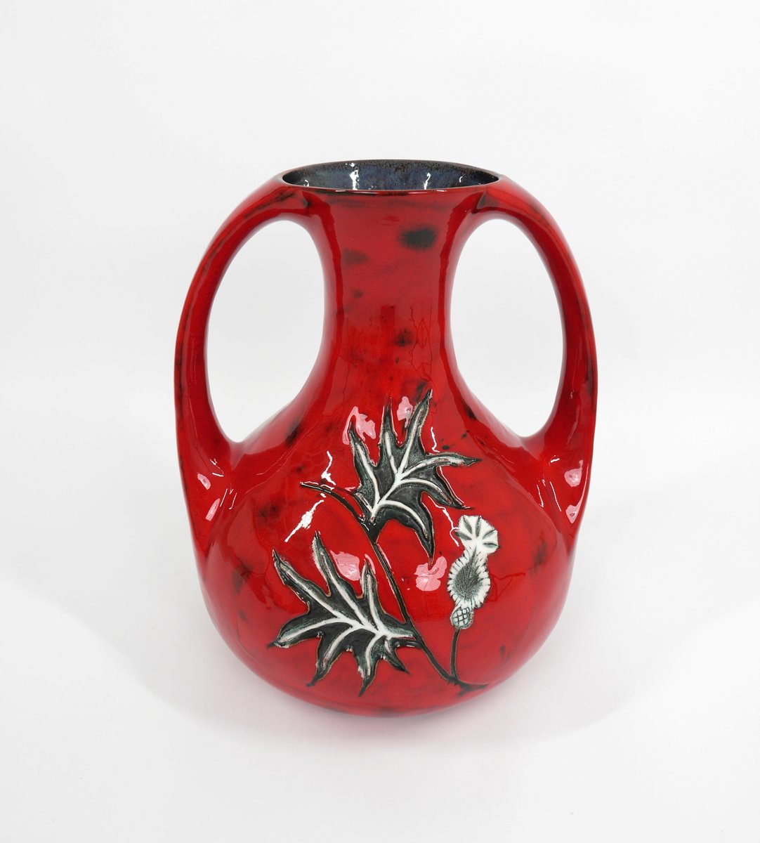 German Red Ground Vase in Ceramic with Floral Decor, 1960s