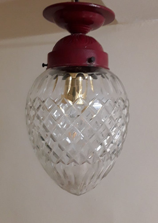 German Red Lacquered Brass Ceiling Lamp with Drop-Shaped Crystal Glass Shade, 1900s