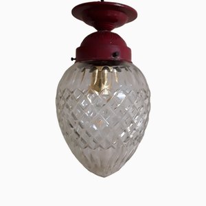 German Red Lacquered Brass Ceiling Lamp with Drop-Shaped Crystal Glass Shade, 1900s-HOI-1756387