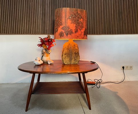 German Sculptural Ceramic Art Table Lamp With Batik Shade, 1960s-JP-1257583