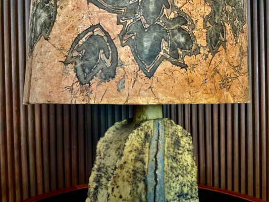 German Sculptural Ceramic Art Table Lamp With Batik Shade, 1960s-JP-1257583