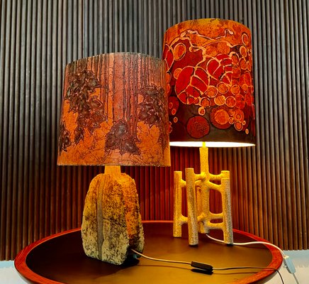 German Sculptural Ceramic Art Table Lamp With Batik Shade, 1960s-JP-1257583