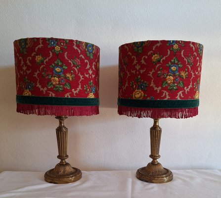 German Table Lamps with Ornate Brass Base and Red Patterned Fabric Shade from Lamplove, 1890s, Set of 2-HOI-2043473