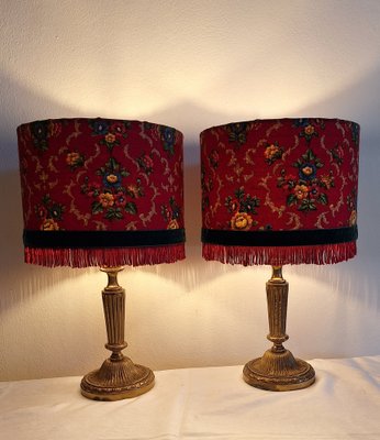 German Table Lamps with Ornate Brass Base and Red Patterned Fabric Shade from Lamplove, 1890s, Set of 2-HOI-2043473