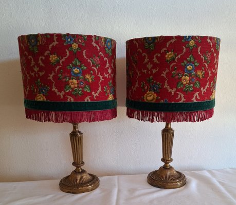 German Table Lamps with Ornate Brass Base and Red Patterned Fabric Shade from Lamplove, 1890s, Set of 2-HOI-2043473