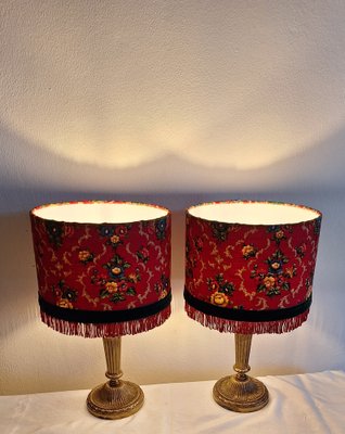 German Table Lamps with Ornate Brass Base and Red Patterned Fabric Shade from Lamplove, 1890s, Set of 2-HOI-2043473