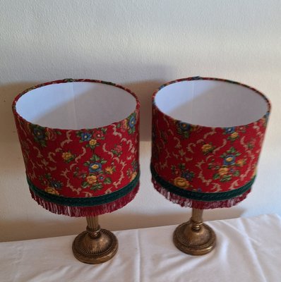 German Table Lamps with Ornate Brass Base and Red Patterned Fabric Shade from Lamplove, 1890s, Set of 2-HOI-2043473