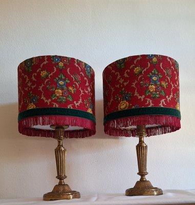 German Table Lamps with Ornate Brass Base and Red Patterned Fabric Shade from Lamplove, 1890s, Set of 2-HOI-2043473