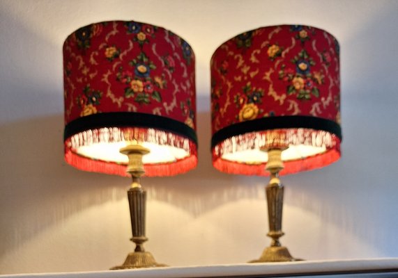 German Table Lamps with Ornate Brass Base and Red Patterned Fabric Shade from Lamplove, 1890s, Set of 2-HOI-2043473