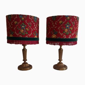 German Table Lamps with Ornate Brass Base and Red Patterned Fabric Shade from Lamplove, 1890s, Set of 2-HOI-2043473