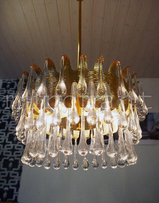 German Teardrop Chandelier in Murano Glass & Gilt-Brass from Palwa, 1970s-DEK-932426