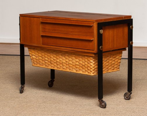 German Walnut Sewing Table on Wheels from Horn, 1960s-JE-1185102