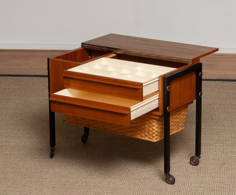 German Walnut Sewing Table on Wheels from Horn, 1960s-JE-1185102