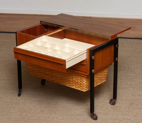 German Walnut Sewing Table on Wheels from Horn, 1960s-JE-1185102