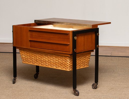 German Walnut Sewing Table on Wheels from Horn, 1960s-JE-1185102