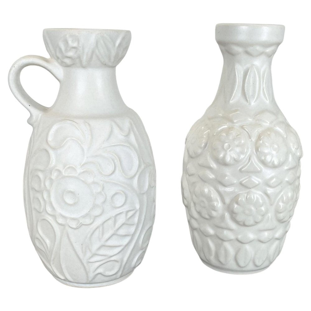 German White Floral Fat Lava Op Art Pottery Vase from BAY Ceramics, Set of 2