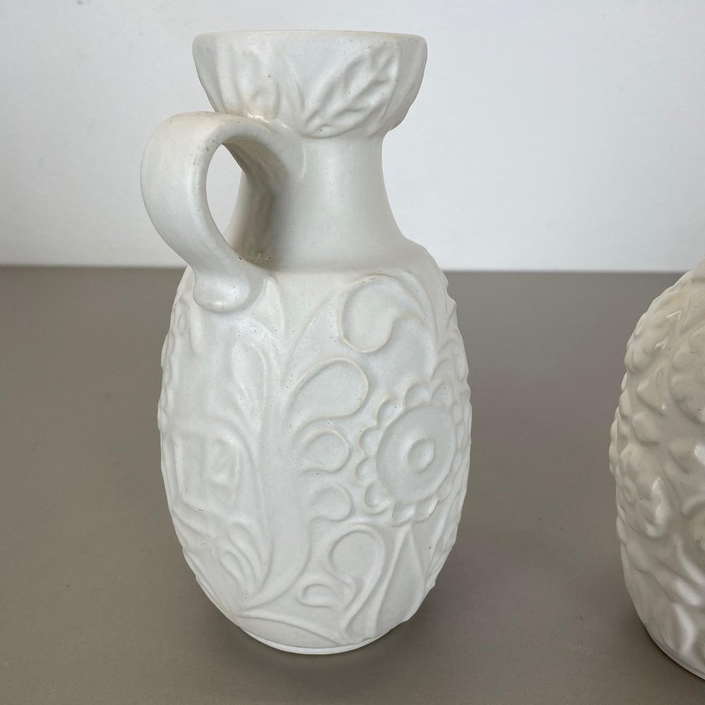 German White Floral Fat Lava Op Art Pottery Vase from BAY Ceramics, Set of 2