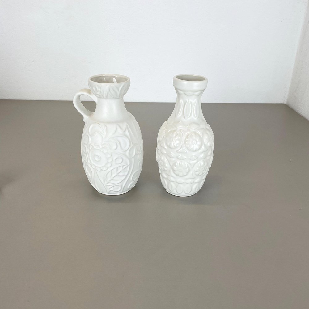 German White Floral Fat Lava Op Art Pottery Vase from BAY Ceramics, Set of 2