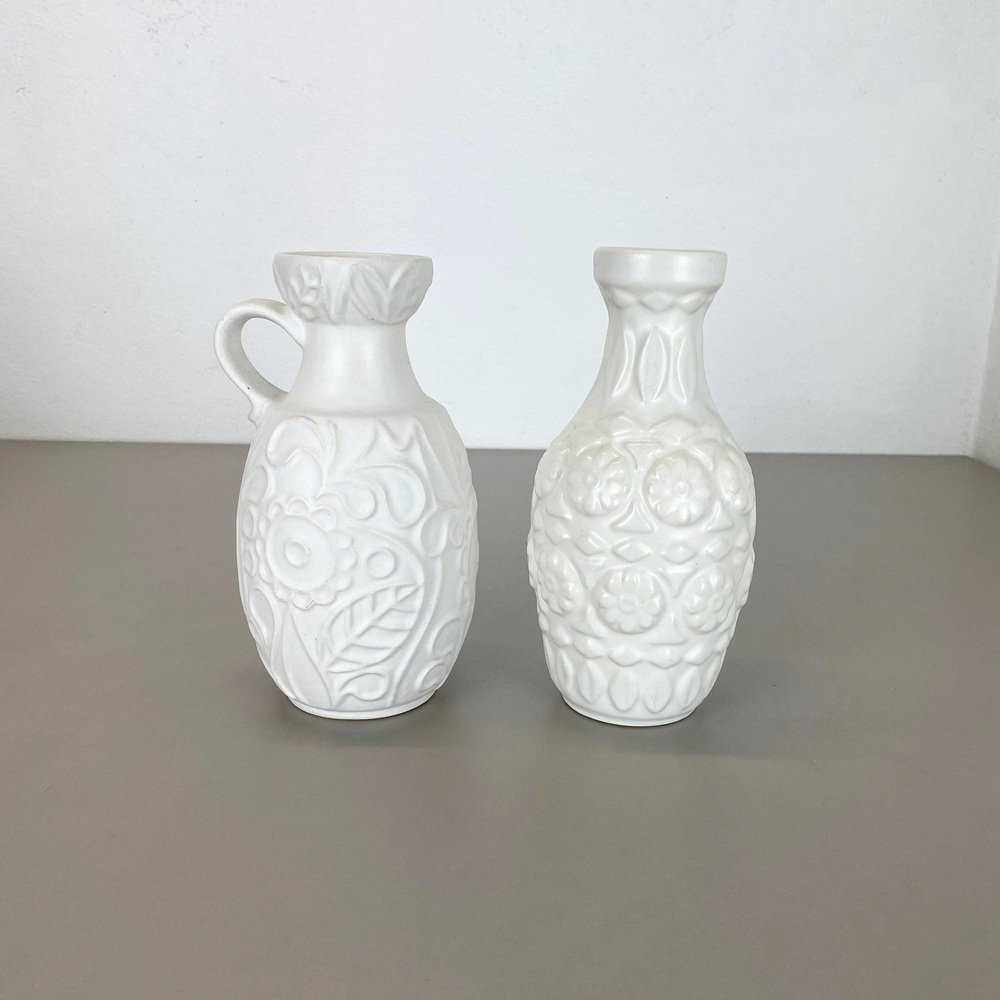 German White Floral Fat Lava Op Art Pottery Vase from BAY Ceramics, Set of 2