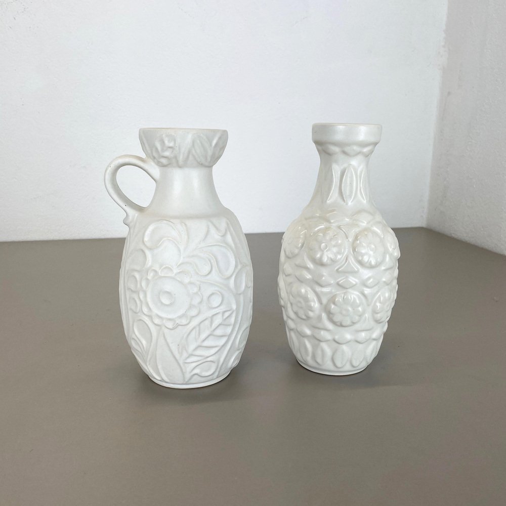 German White Floral Fat Lava Op Art Pottery Vase from BAY Ceramics, Set of 2