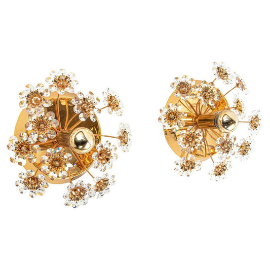 Germany Palwa Flower Wall Sconces in Faceted Crystals & Brass, 1960, Set of 2